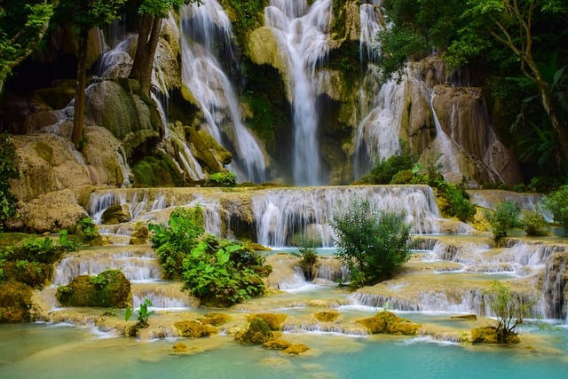 瀑布, 水, 岩石, 琅勃拉邦, 自然, 老挝, 亚洲, 光西瀑布