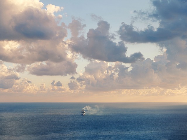 海, 渡船, 船, 抽烟, 云, 日出, 克里特岛, 希腊, 岛, 十月