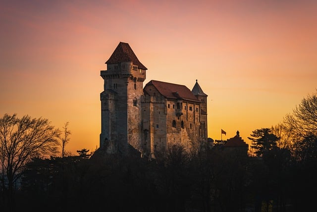 上古, 中世纪, 奥地利, 城堡, 橙色的, 日出, 日落, 黎明, 太阳