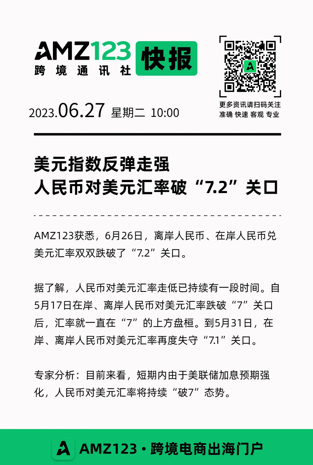 美元指数走强,人民币对美元汇率破“7.2”关口
