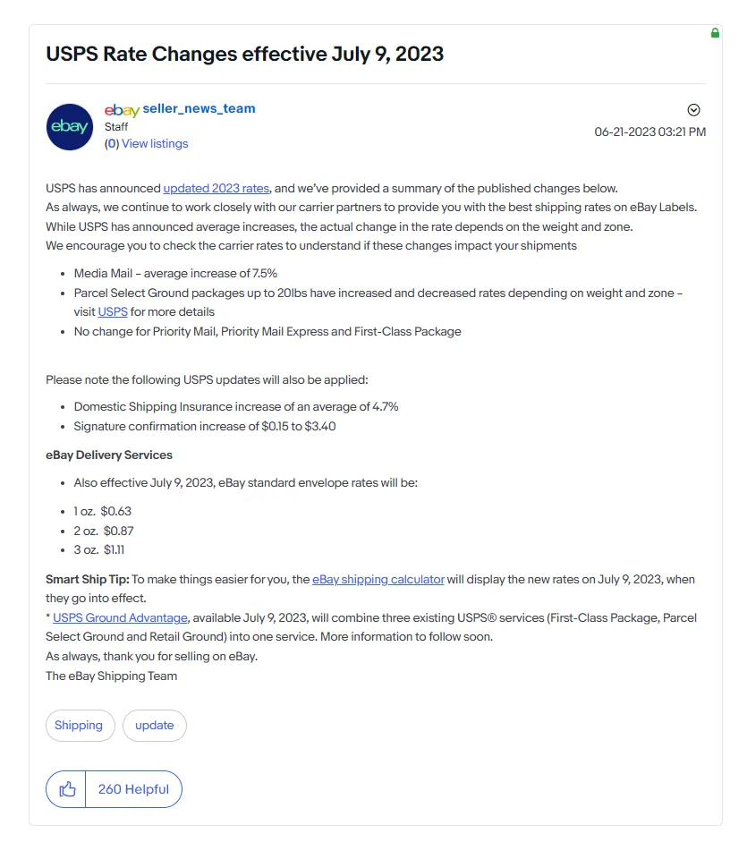 USPS新费率将于7月9日生效！eBay提醒卖家注意价格变化