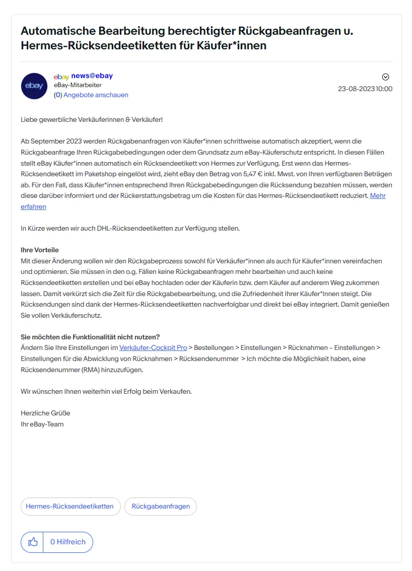 eBay德国站退货政策更新!合规退货申请将自动通过!