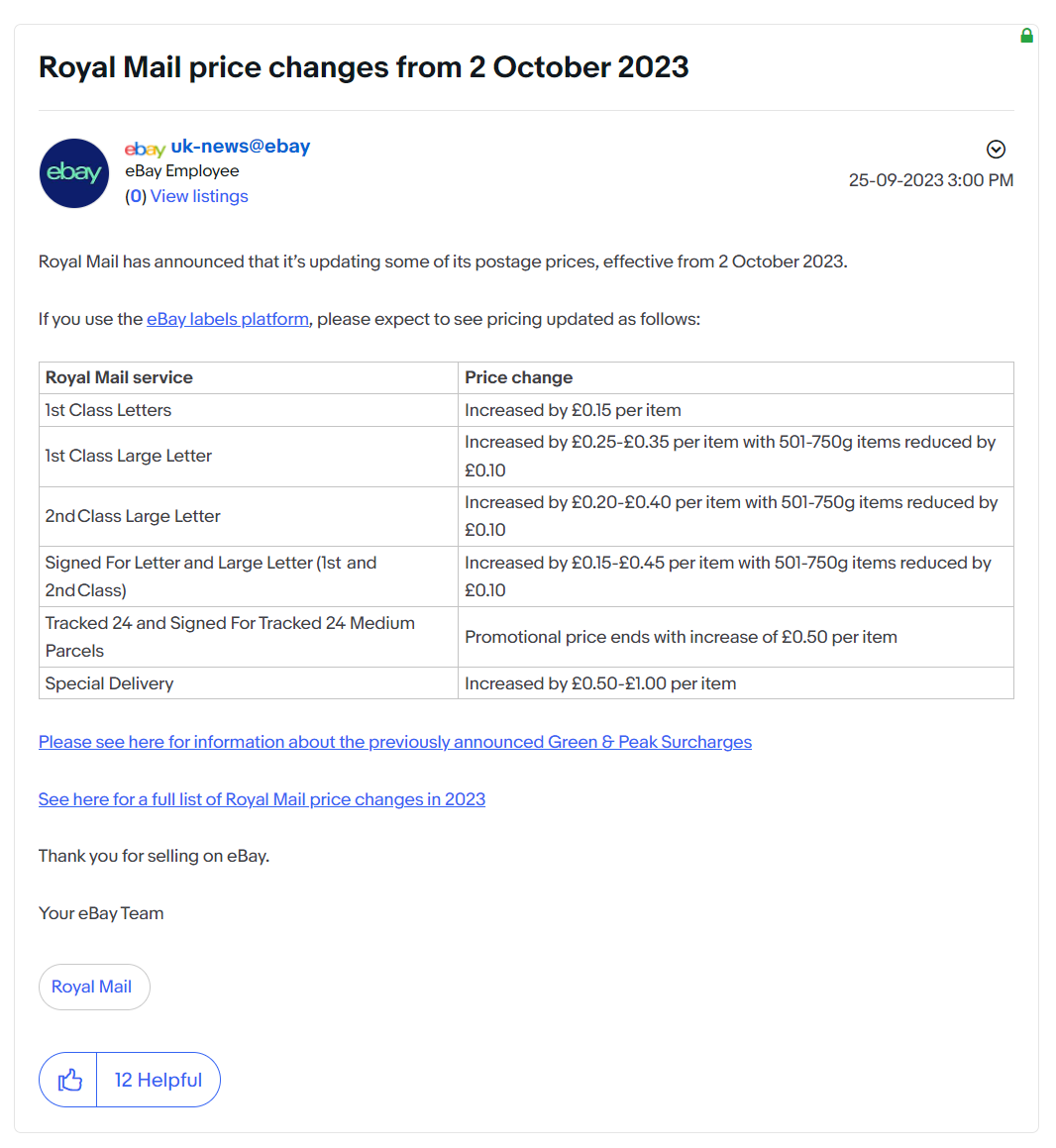 eBay英国站重要提醒！皇家邮政从10月2日起调整费率！