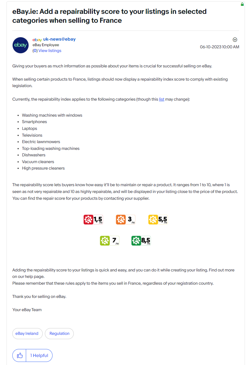 eBay提醒卖家遵守EPR法规!刊登物品时添加维修指数!