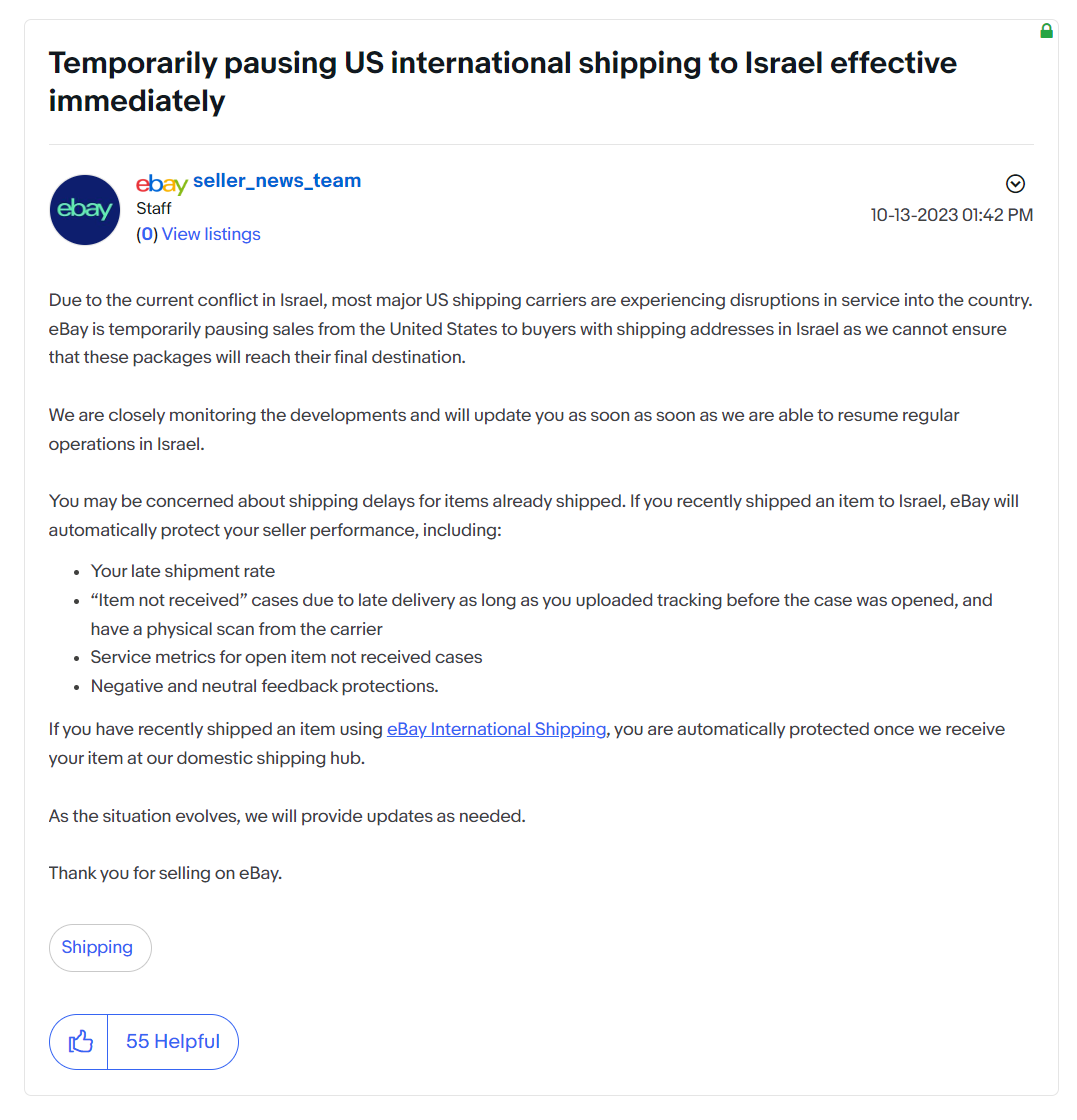 eBay美国站最新公告：暂停以色列地区发货服务