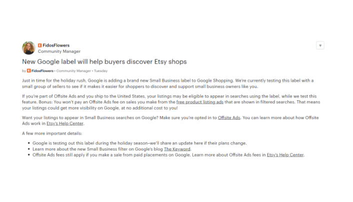 Etsy公告：通过谷歌新功能，卖家可增加产品曝光率！