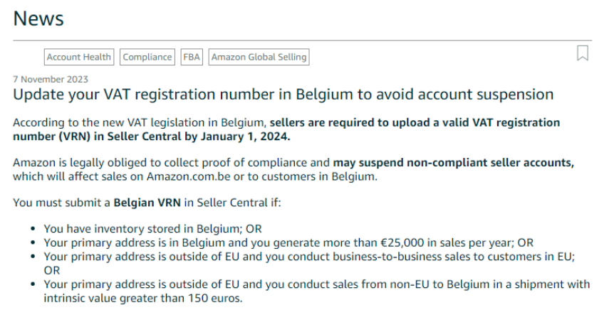 新规！未注册比利时VAT将被暂停销售