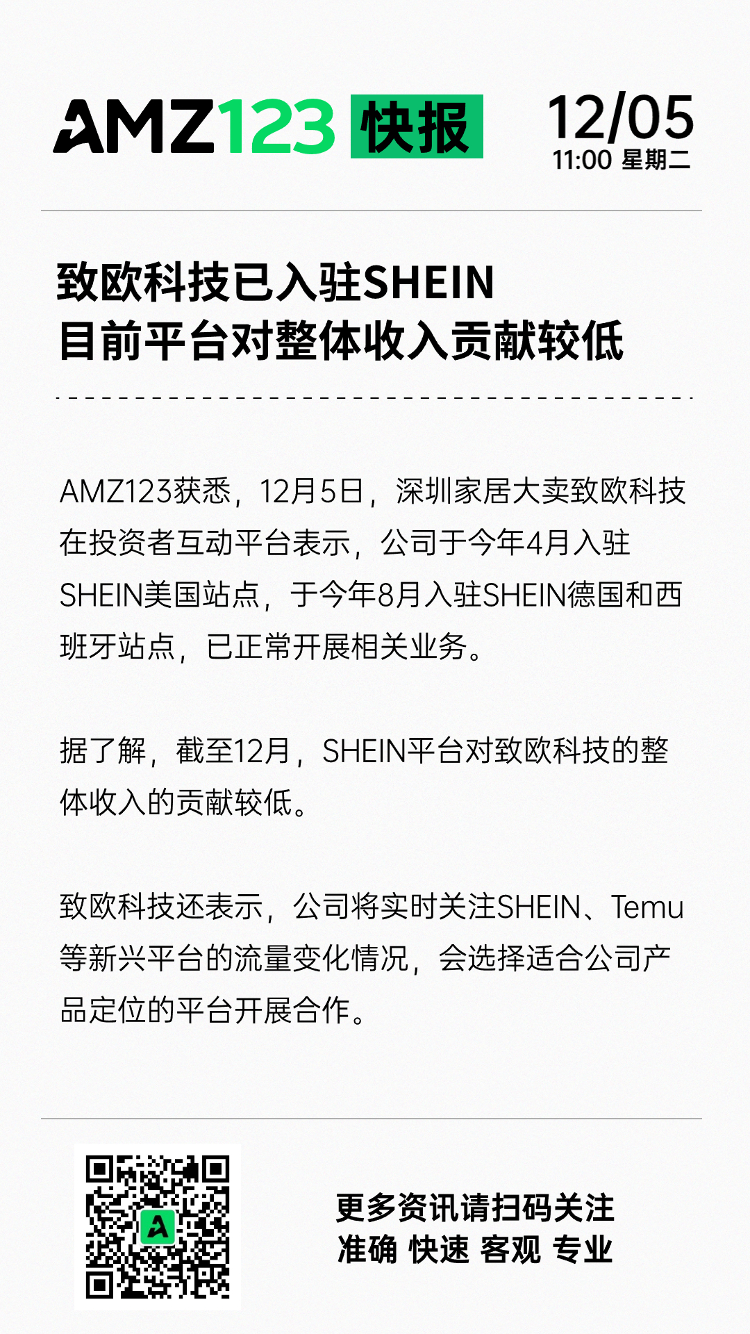 致欧科技已入驻SHEIN,目前平台对整体收入贡献较低