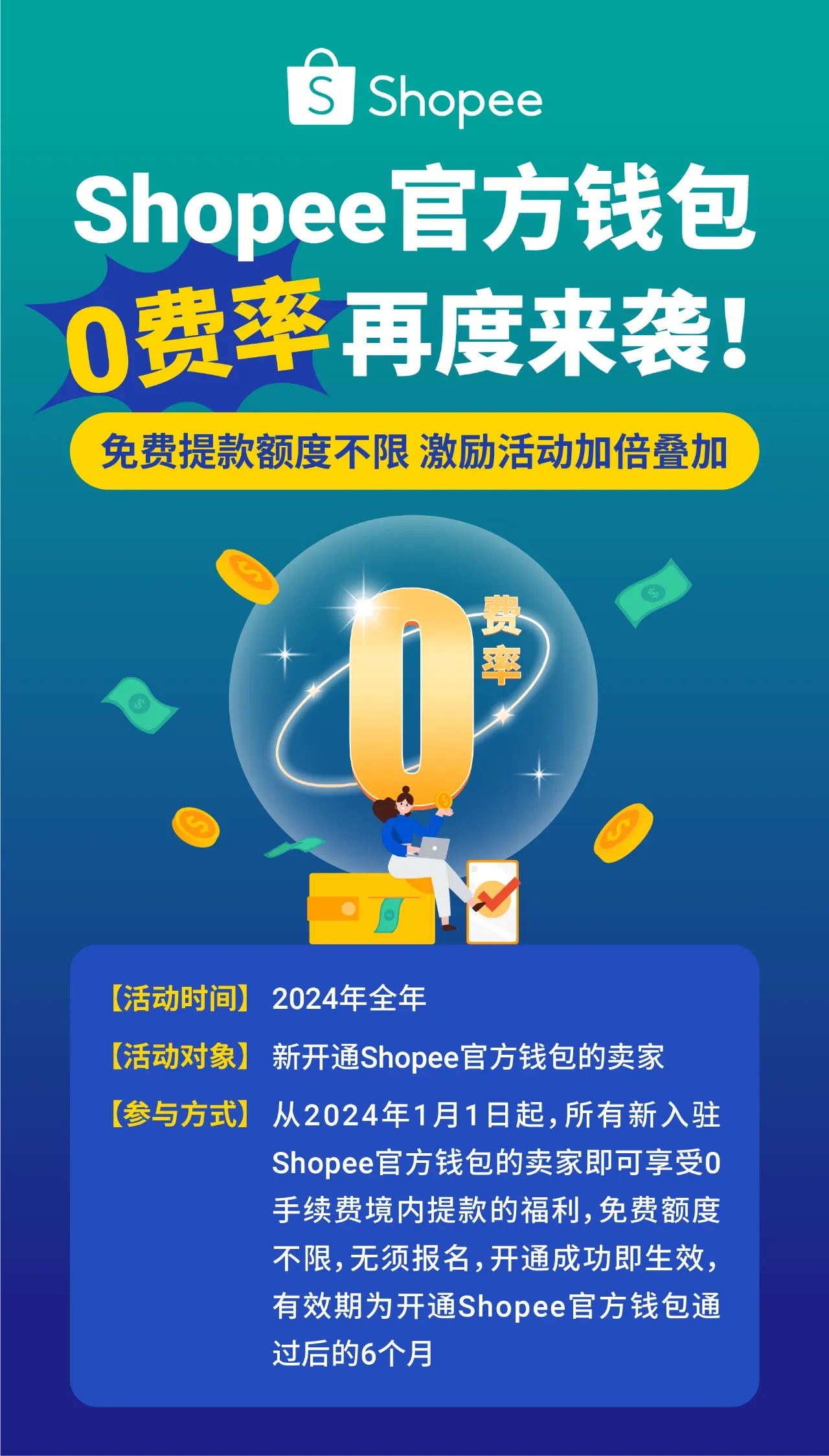 新年"壕"礼来袭! Shopee官方钱包0费率境内提现, 提前回款限时免息