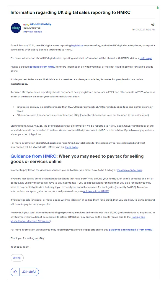 英国税务新规生效！eBay需向HMRC报告卖家收入！