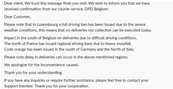 欧洲多个国家因大雪天气影响，将会有大量包裹派送延误！