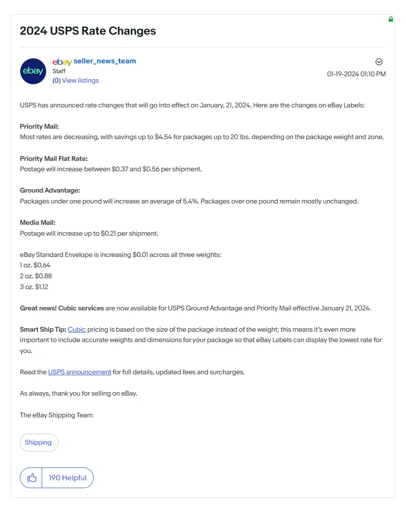 eBay美国站公告:2024年USPS费率有重大调整