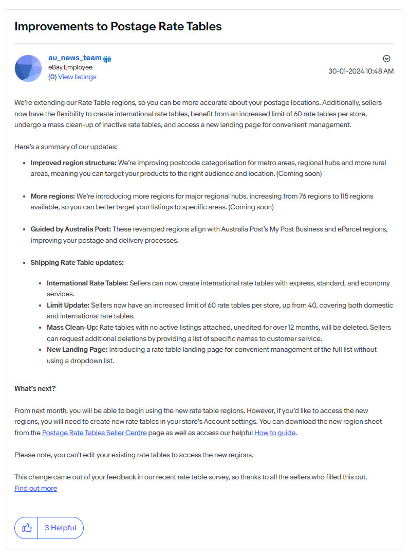 eBay澳大利亚站公告：费率表（Rate Table）全面升级！