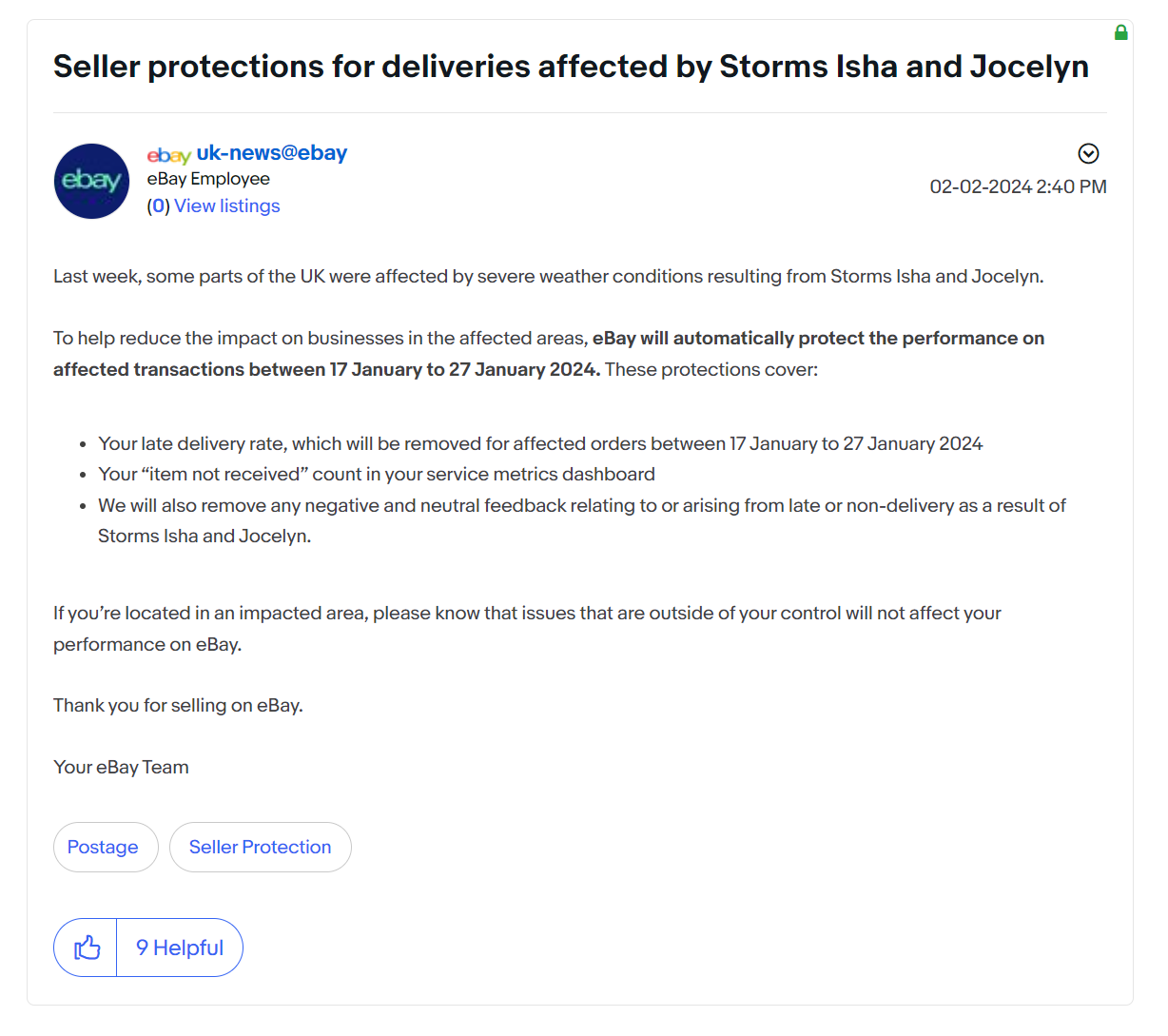 冬季风暴持续袭击英国多地！eBay发布卖家保护措施！