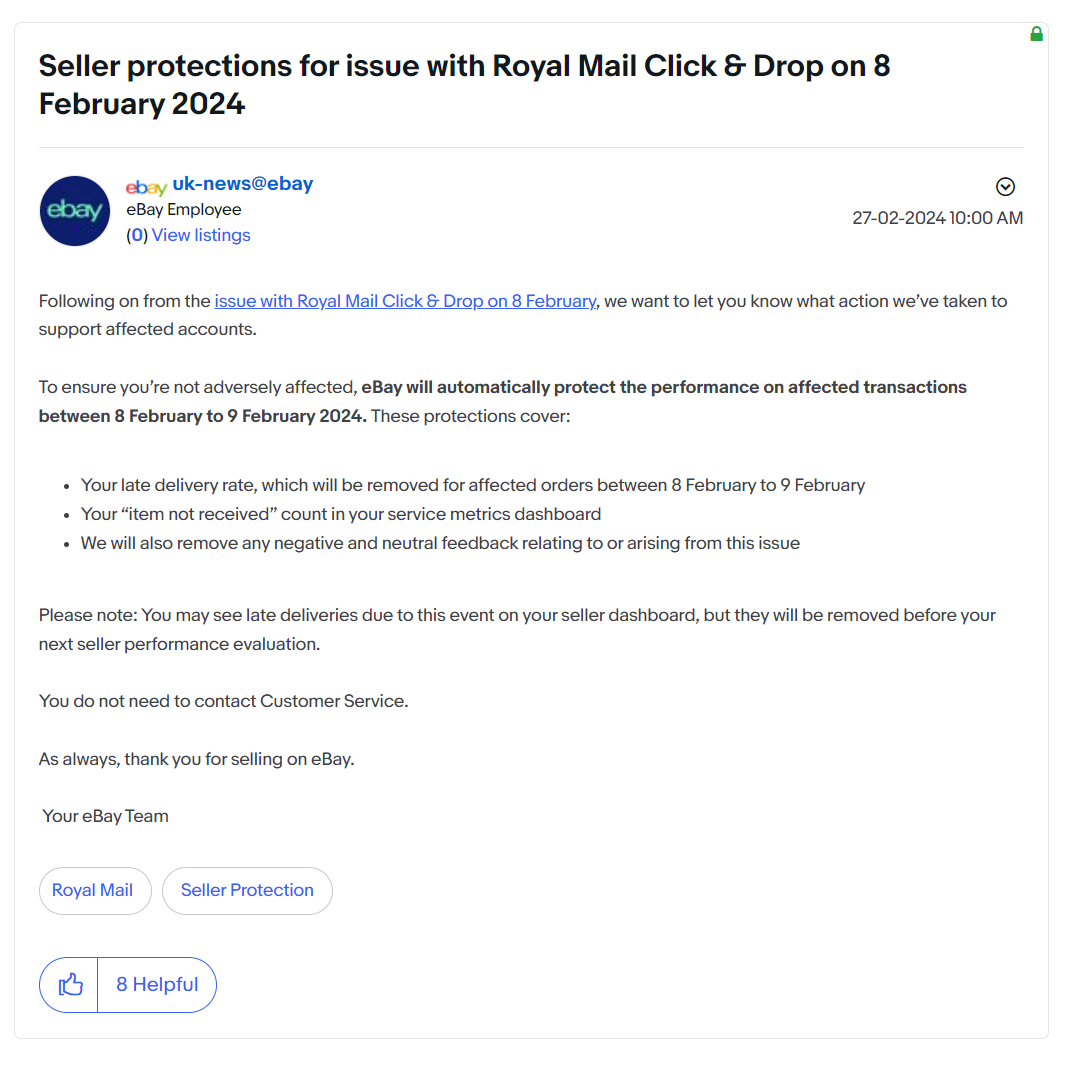 eBay英国站公告：皇家邮政Click & Drop服务故障问题已解决