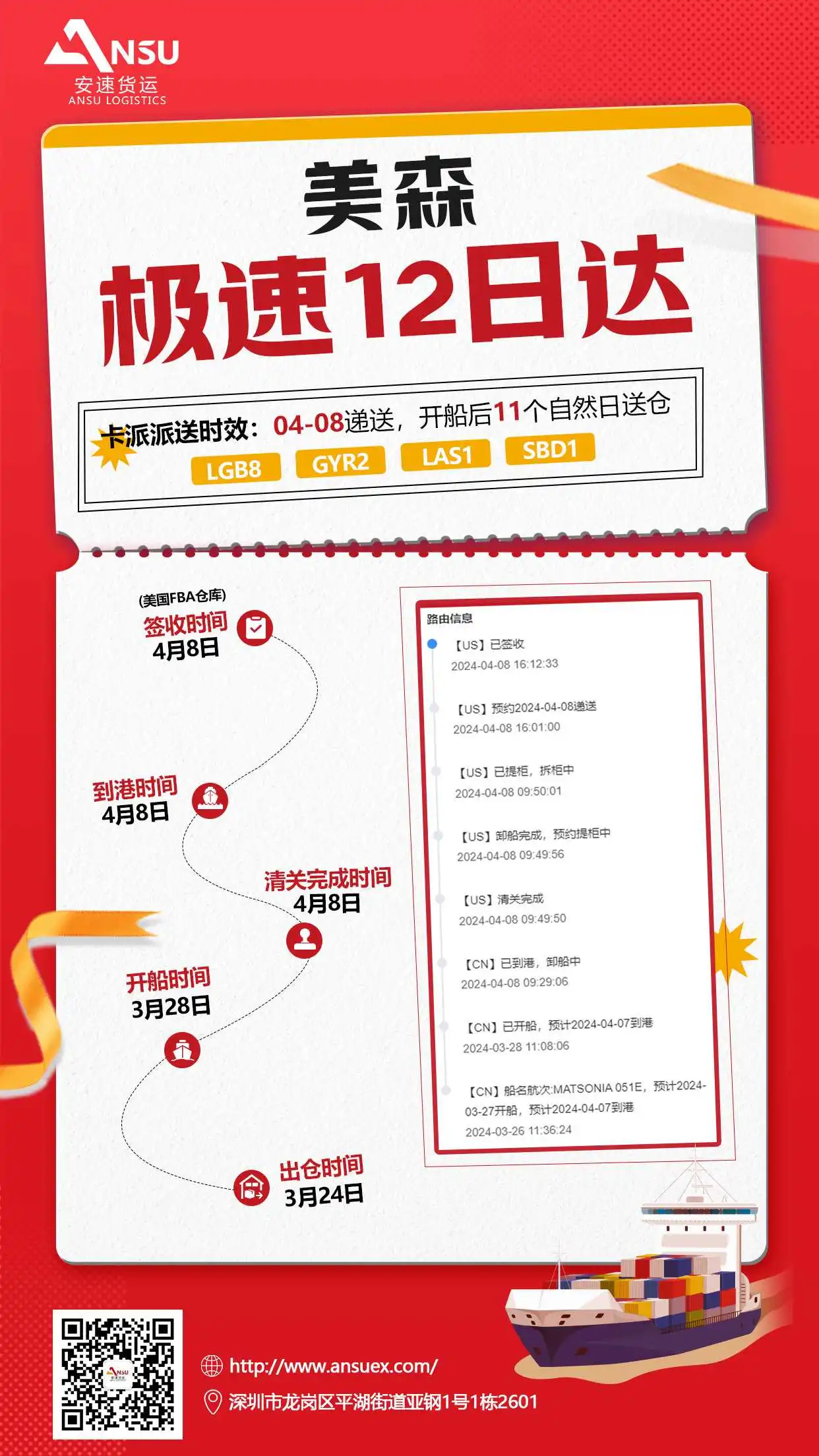 安速货运美森极速12日达首柜顺利签收!