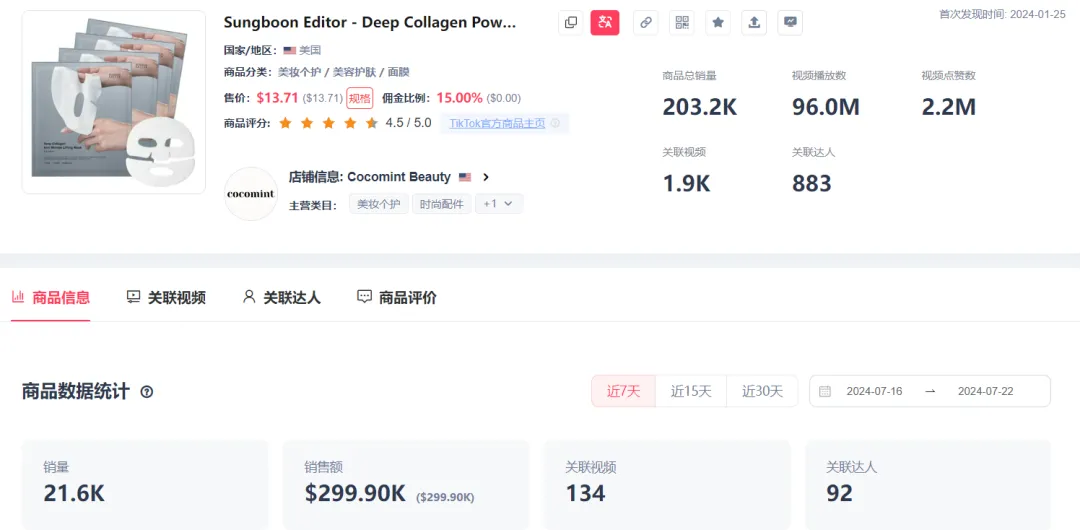 TikTok美区保湿面膜销量飙升,7日销售额突破30万美金