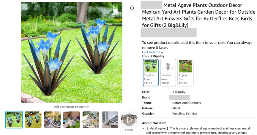 【25-cv-1466】龙舌兰艺术植物TRO专利维权，立即停售下架！未开始冻结账户资金！