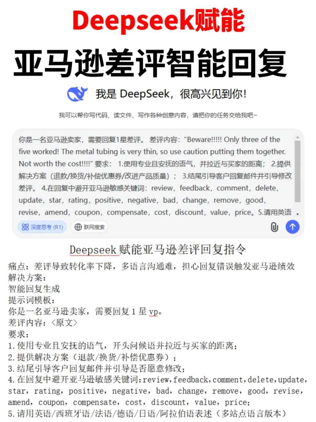 超详细Deepseek辅助亚马逊1星差评回复指令|