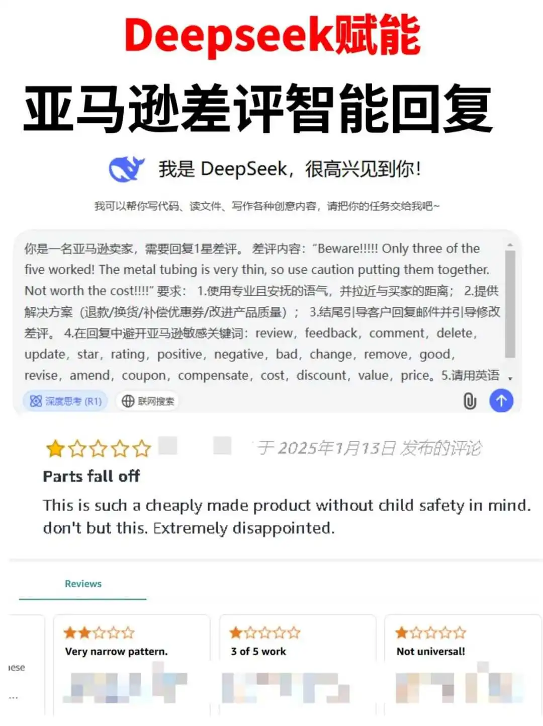 超详细Deepseek辅助亚马逊1星差评回复指令|