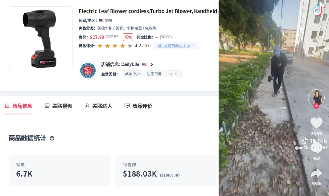 TikTok带货视频播放量超500万,便携吹叶机在美销量飙升