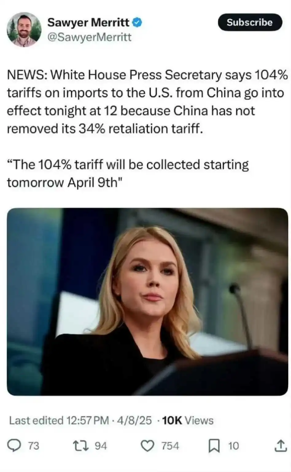 白宫宣布:4月9日对中国征收104%关税