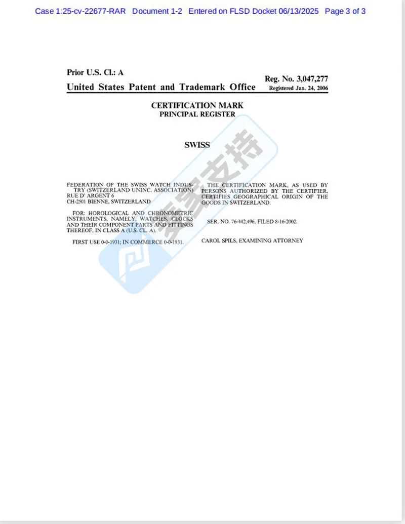 25-cv-22677，时隔两年SWISS钟表回归TRO风云再起，跨境卖家注意排查!
