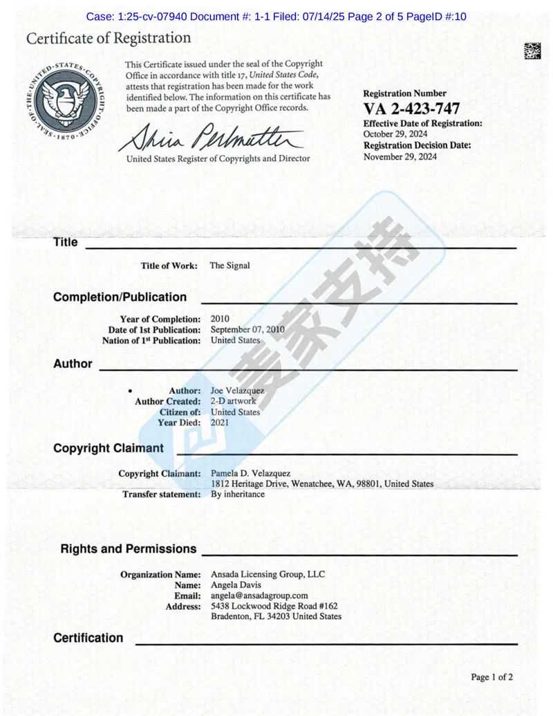 25-cv-07940，从Lisa到Joe，Keith律所连环出击，历史主题画正维权