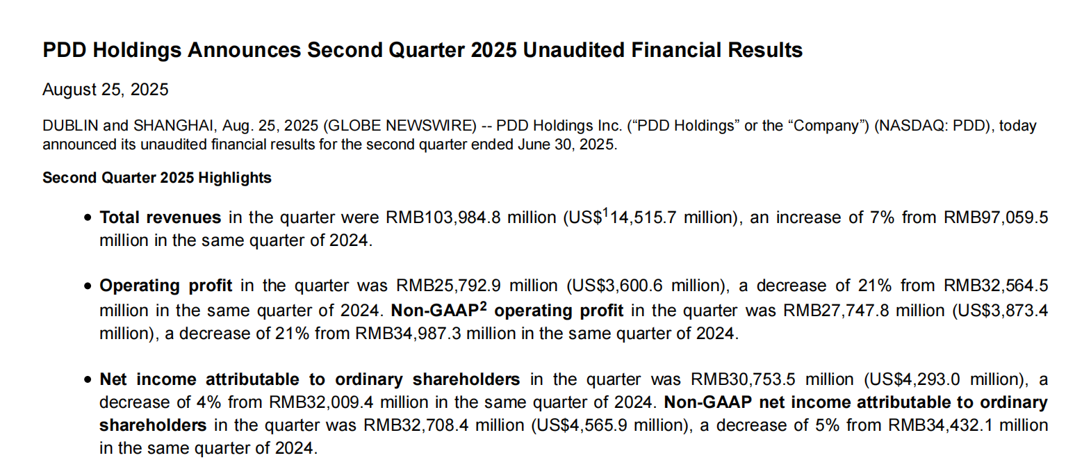 营收增速放缓至7%，拼多多发布2025年Q2财报