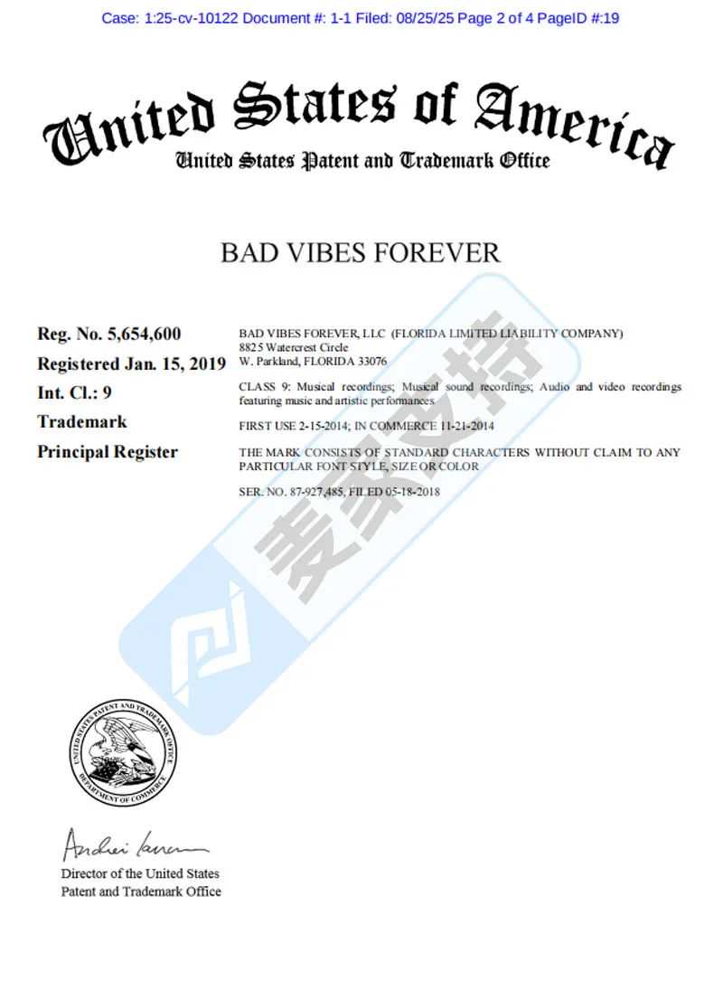 25-cv-10122，keith代理说唱歌手XXXTentacion商标维权进行时！