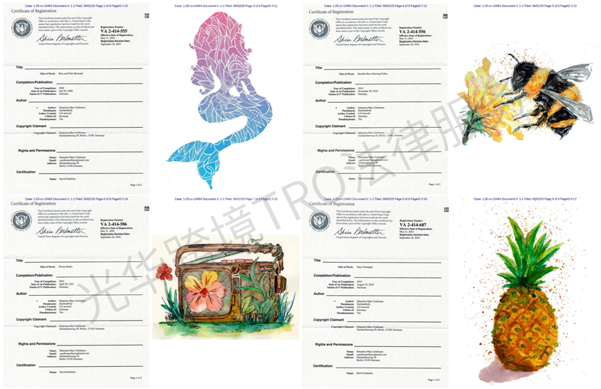 【25-cv-10464】全新的4张插画维权，美人鱼、蜜蜂、菠萝、收音机图画危险了！