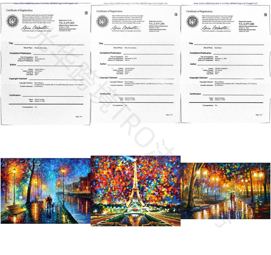 【25-cv-10825】3张印象派油画维权立案,不要随意印制销售插画产品!