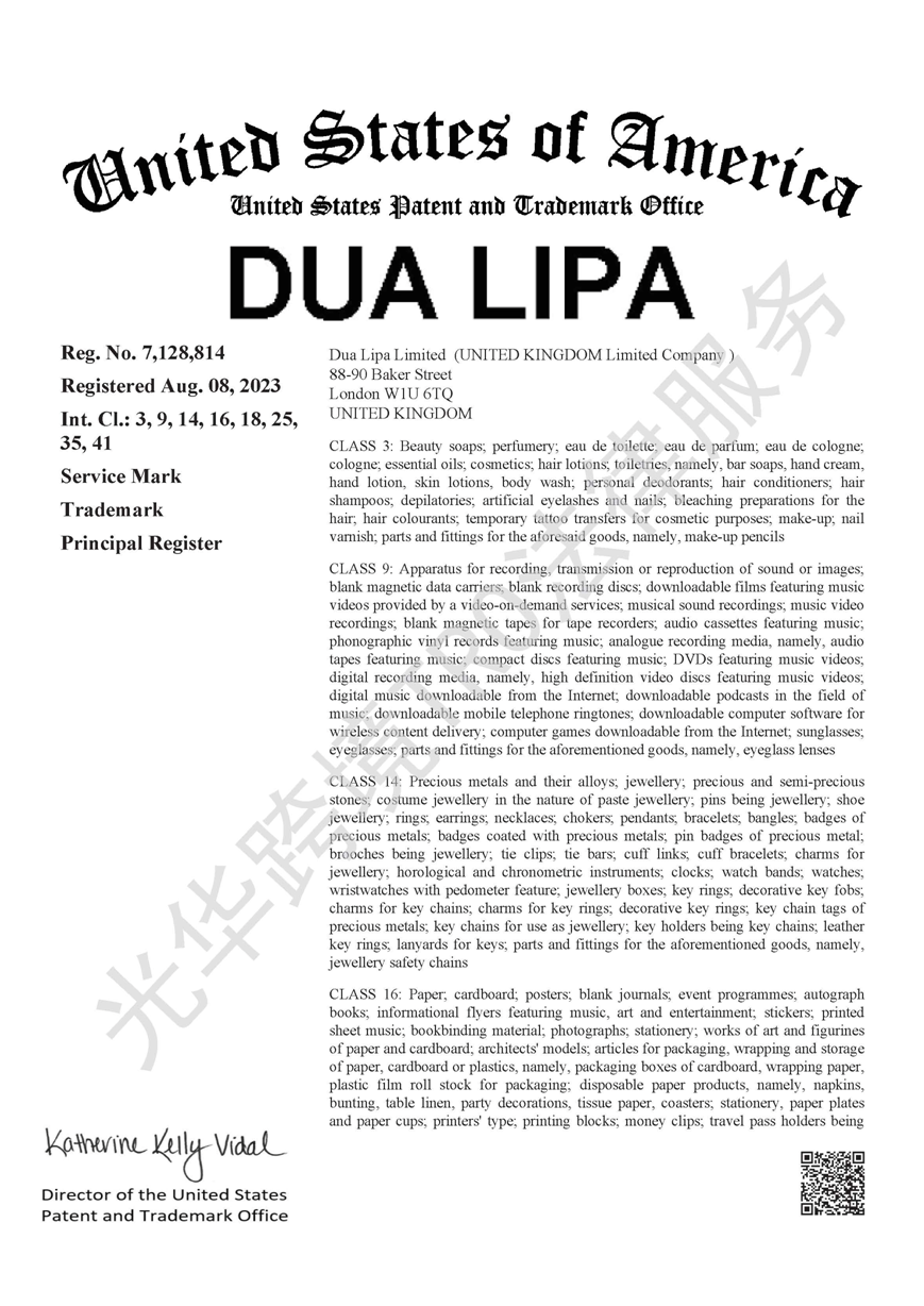【25-cv-7512】歌手DUA LIPA商标维权，一件商标里包含8类商品！