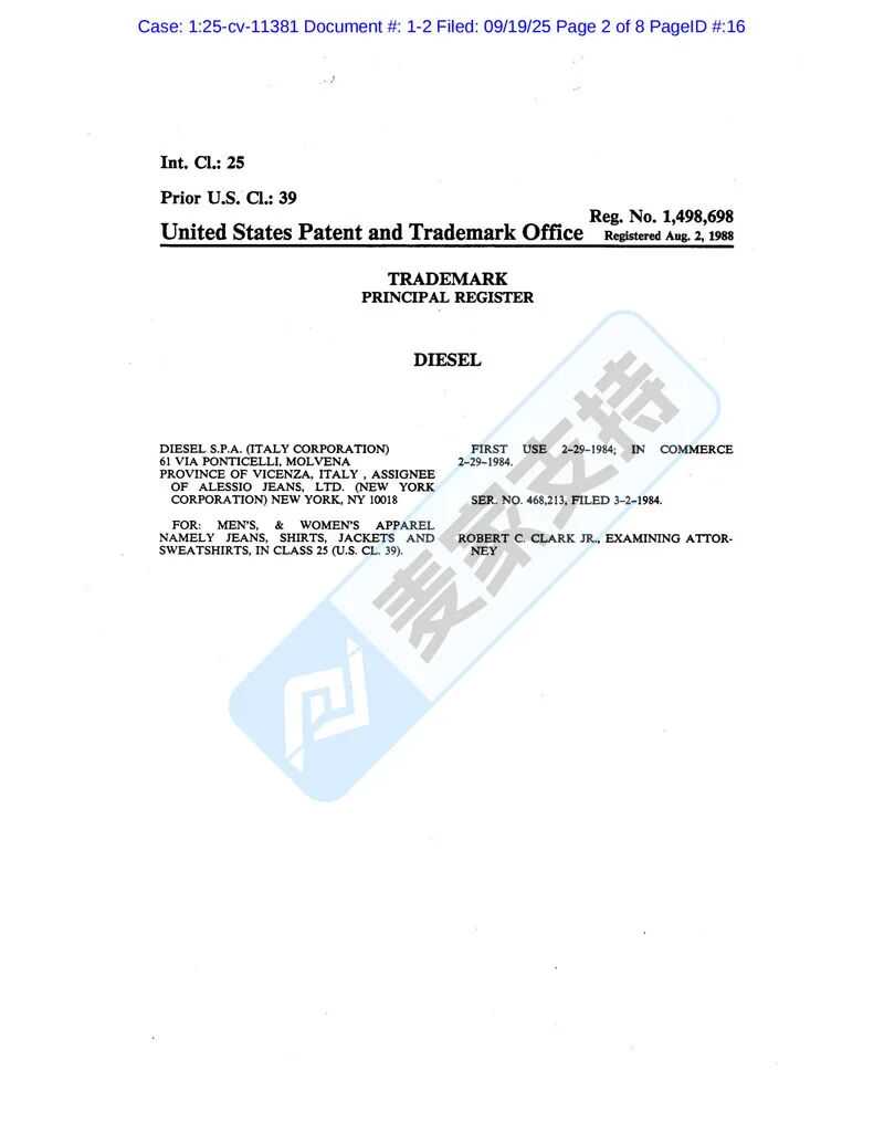 25-cv-11381，意大利潮牌Diesel跨境维权立案！TRO冻结倒计时