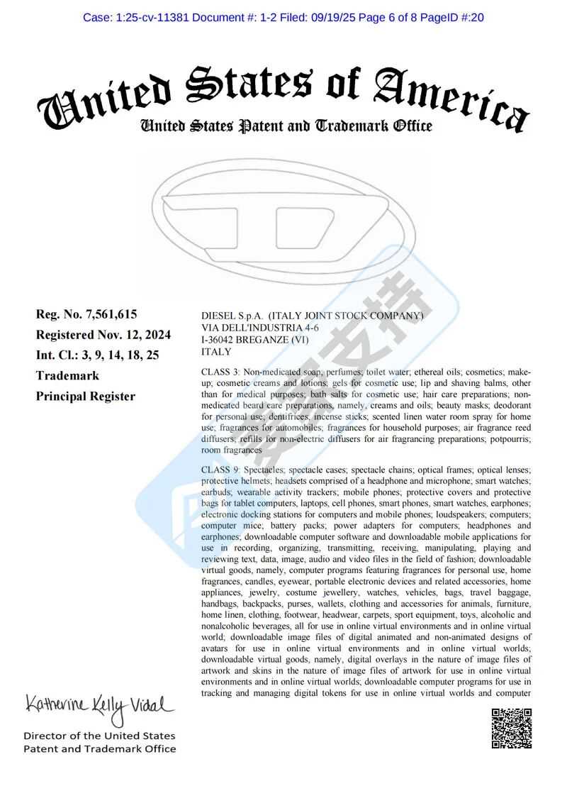 25-cv-11381，意大利潮牌Diesel跨境维权立案！TRO冻结倒计时