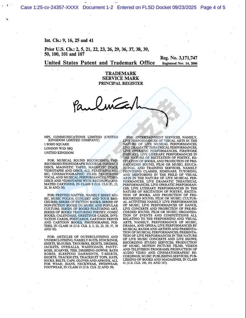 25-cv-24357，Paul McCartney商标维权进行时，服饰品类暗藏TRO风险