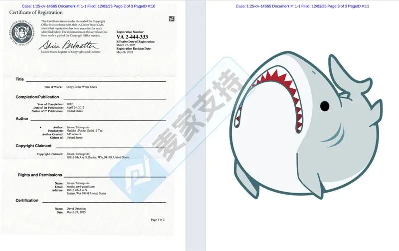 25-cv-14665,呆萌大白鲨版权发起维权，贴纸卖家注意排查TRO冻结风险！
