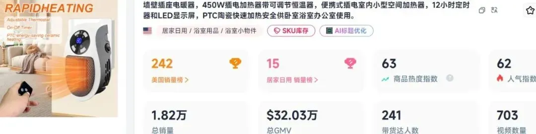 插座式电暖器火了,在TikTok上架30天卖出220w+