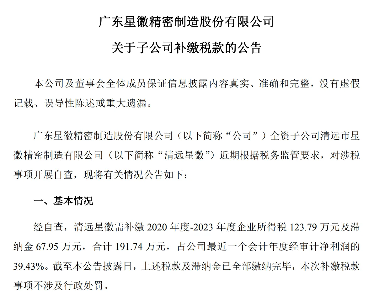星徽股份子公司补缴税款及滞纳金,合计192万元