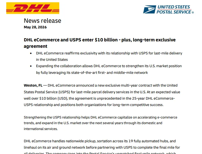 DHL绑定USPS！美国尾程派送正在重新洗牌