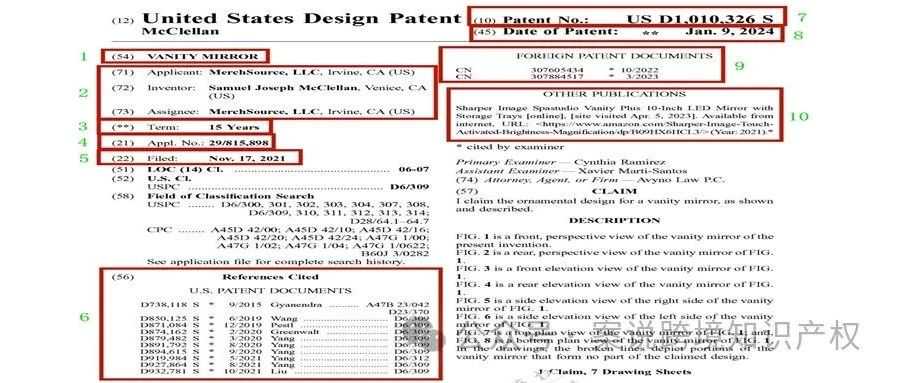 美国外观专利证书上的信息是这些意思