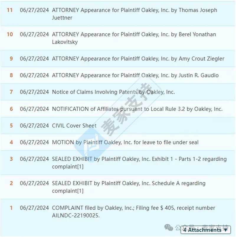 24-cv-05419，GBC律所代理Oakley欧克利专利维权再度来袭