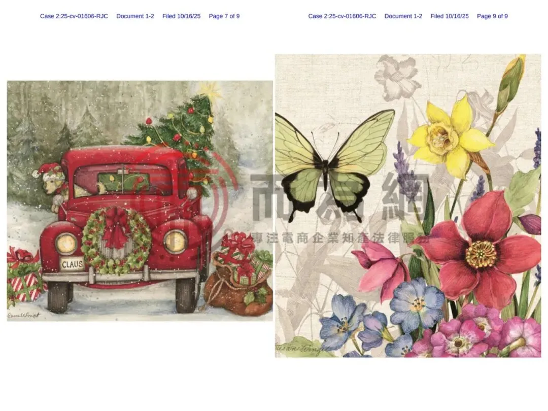【侵权快讯】25-cv-1606 Susan Winget 4张版权发案维权!这些圣诞树、农场、红卡车元素通通不能用!