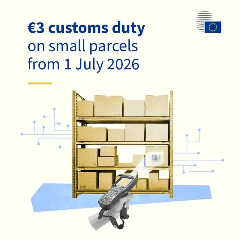 画面中,一个货架上摆满了包裹,一台手持条形码扫描器正在扫描一个包裹。画面上的文字显示:“自2026年7月1日起,小包裹将征收3欧元关税”。