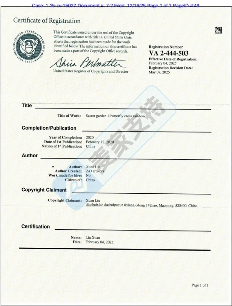 5-cv-13799,隐匿维权案件曝光!宗教元素蝴蝶版权发起TRO,涉案账户资金已冻结!"