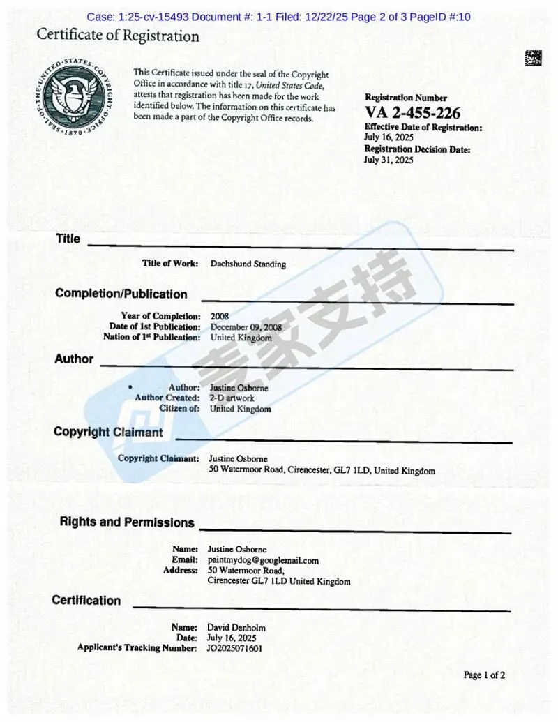 5-cv-15493，keith新案之站立的腊肠犬版权维权，相关卖家速自查避险"