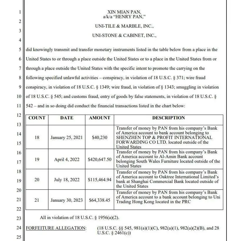 起訴書中列出的部分違規帳目記錄。（司法部提供）