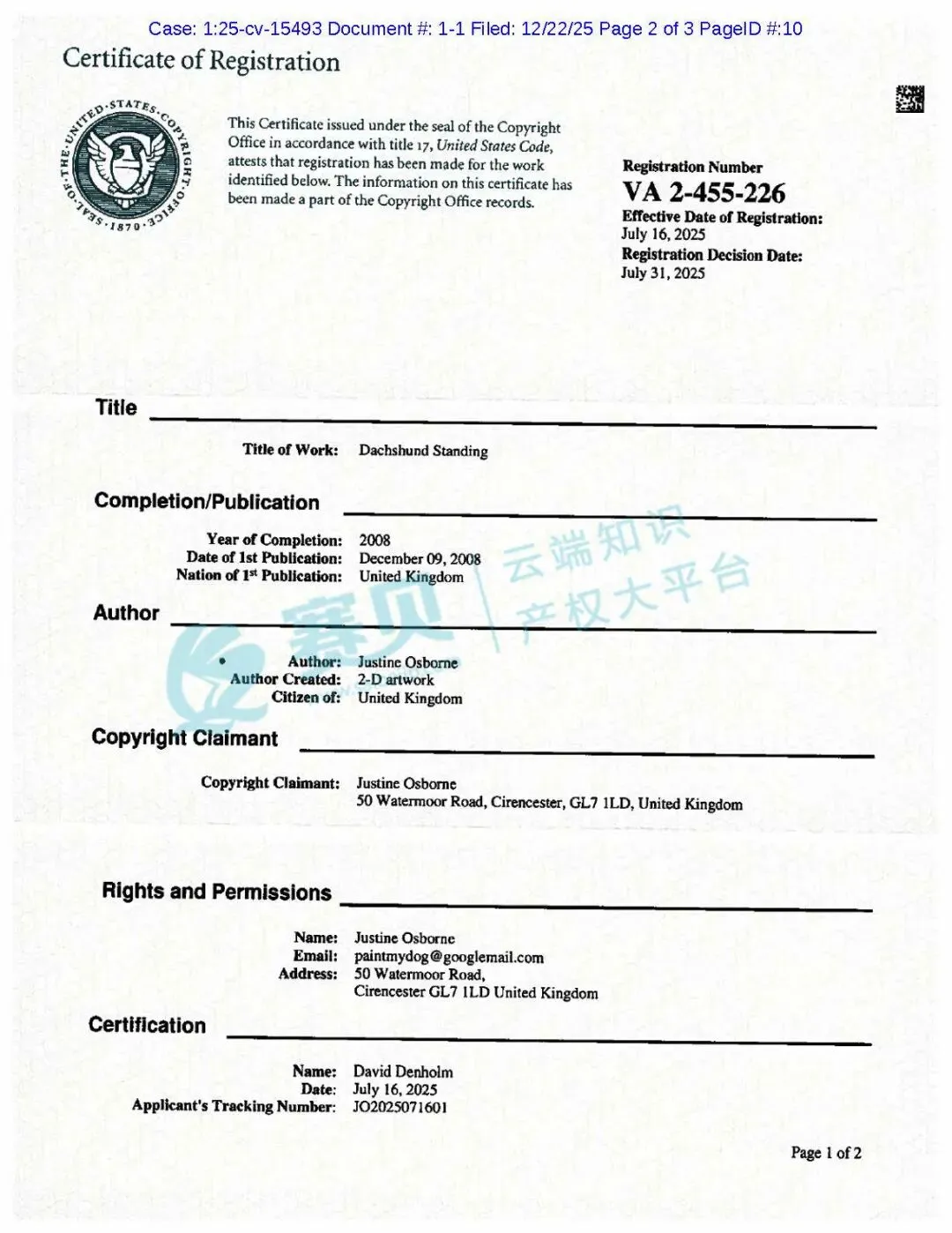 【25-cv-15493】120家跨境卖家中招!这款腊肠犬肖像画版权TRO诉讼突袭,Justine Osborne作品侵权高危!