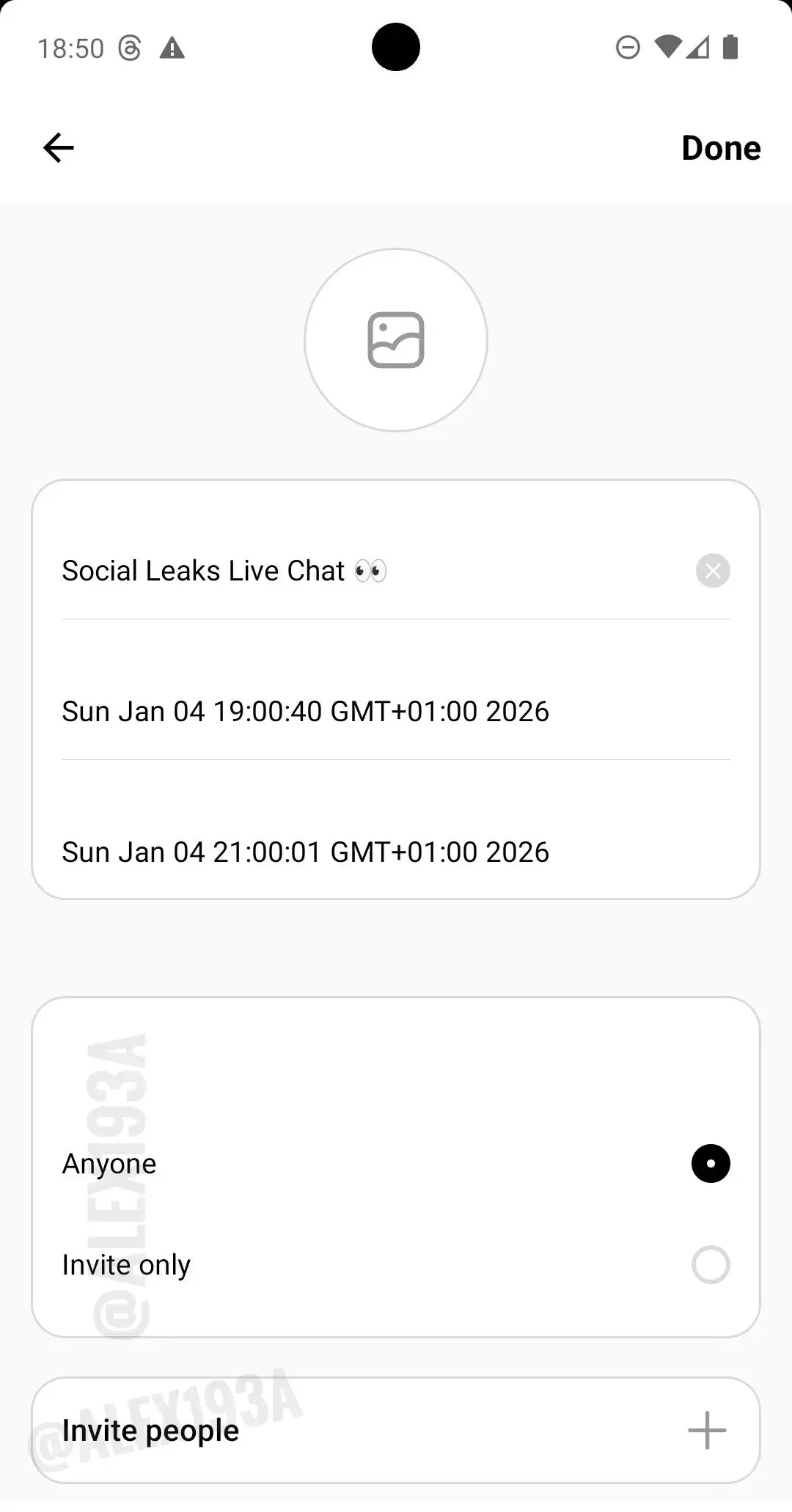 May be a Twitter screenshot of phone and text that says '18:50 Done Social Leaks Live Chat 00 Sun Jan 04 19:00:40 GMT+01: :00 2026 Sun Jan 04 21:00:01 GMT+01:00 2026 19:8 Anyone Invite only 3 Invite people'