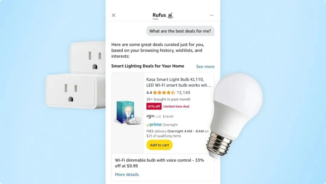 亚马逊的人工智能购物助手Rufus展示了如何找到心愿单商品的优惠信息。